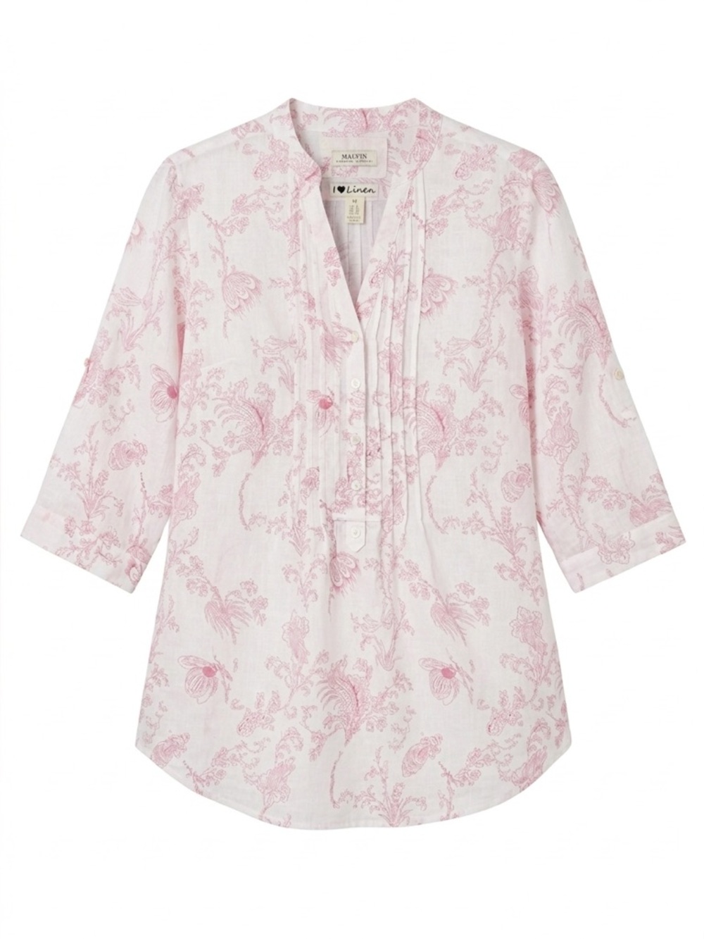 Malvin Linen Pink Floral Blouse Medium Roll Tab Sleeve Tunic